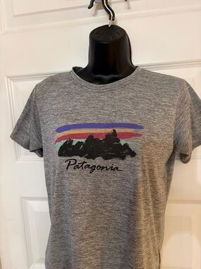 Patagonia Heather Gray Performance Logo Tee with Black Print